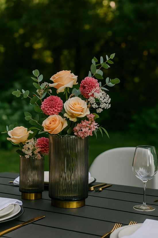 Floral arrangement in a vase on a table with a blurred green background