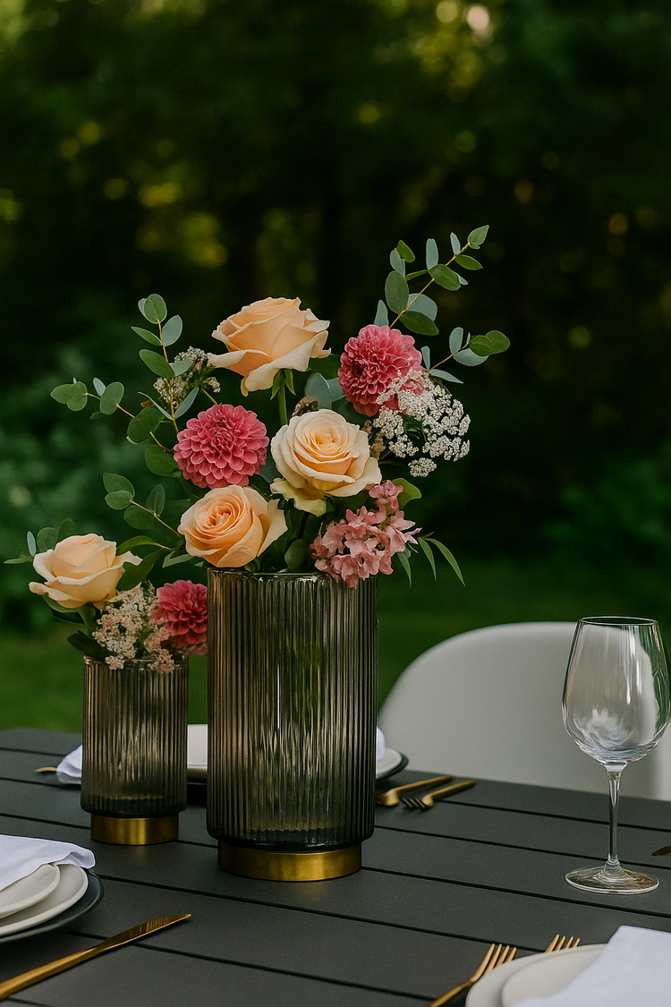 Floral arrangement in a vase on a table with a blurred green background