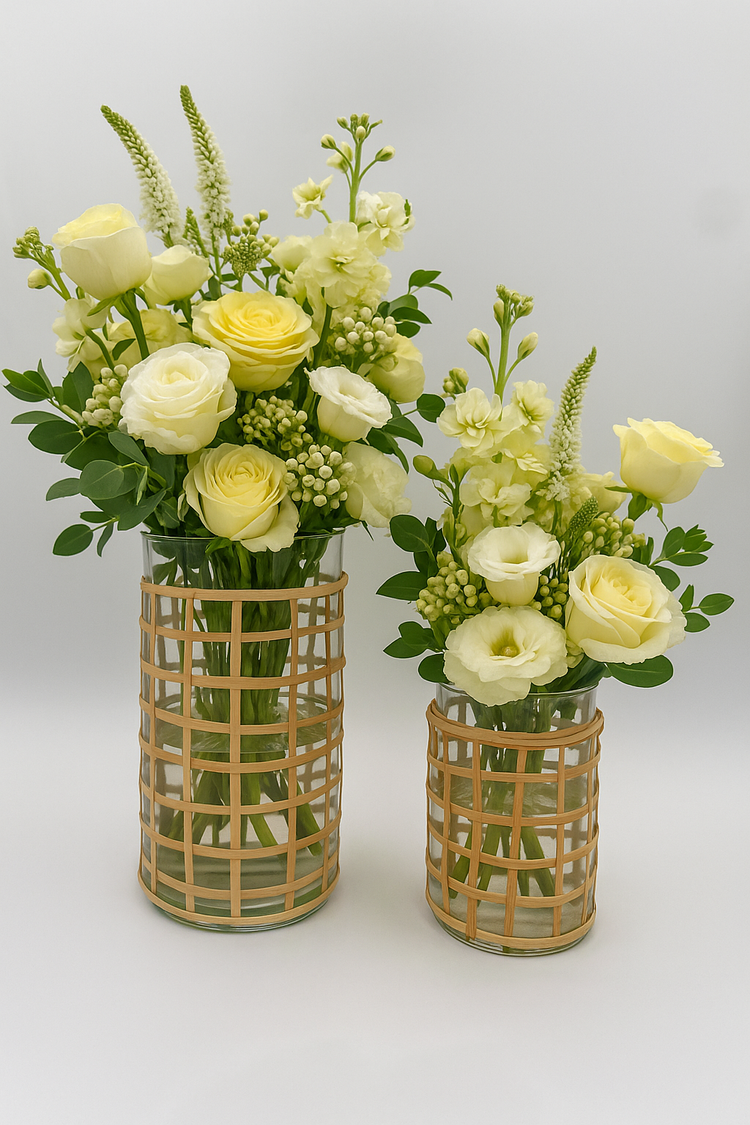 Two floral arrangements in woven vases on a light gray background