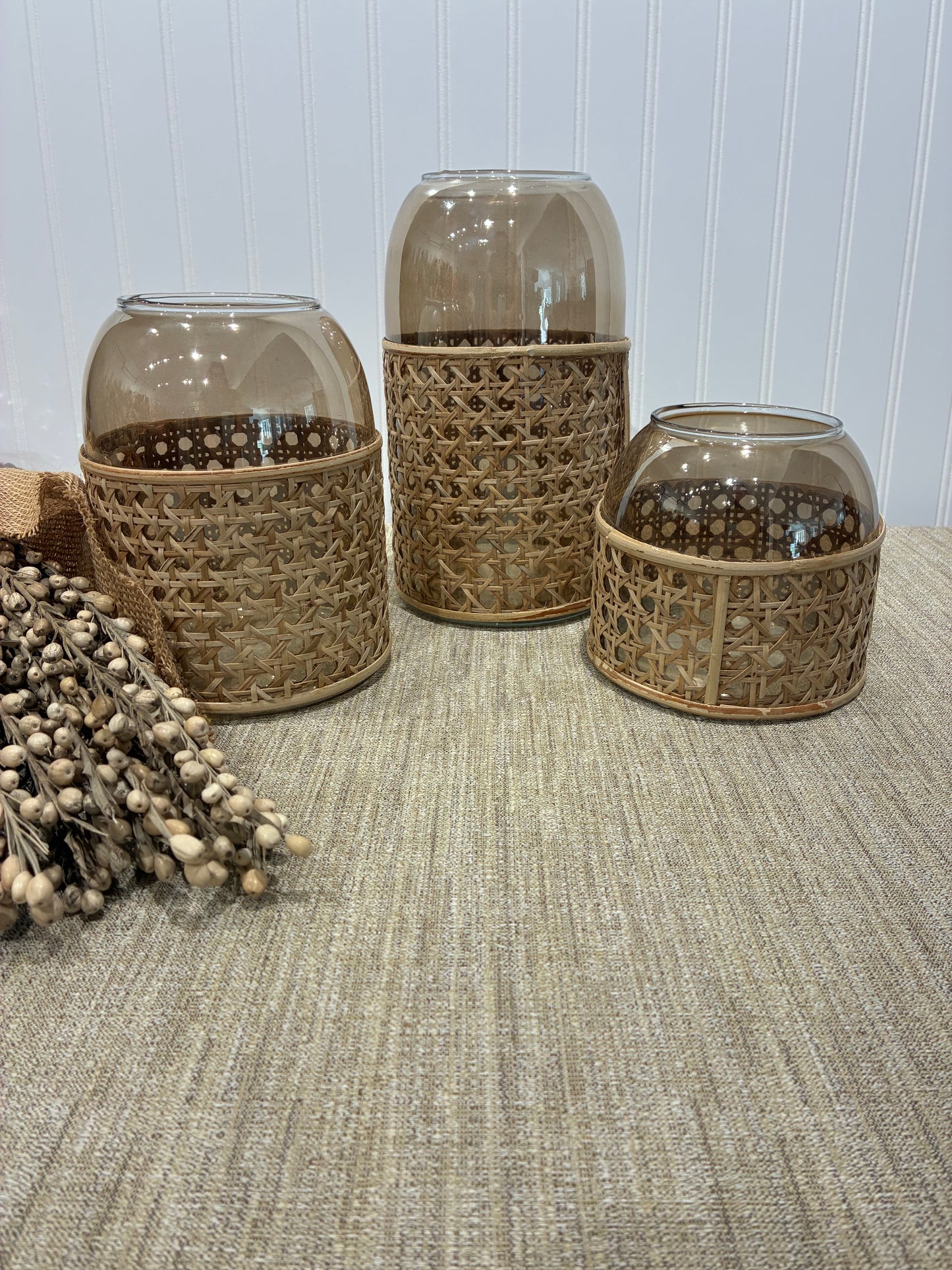 Dylan Beige & Rattan Small Vase