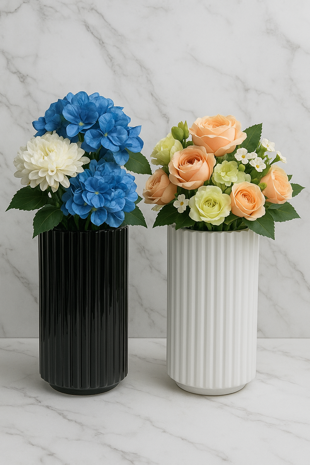 odern ribbed ceramic vases in black and white with faux floral arrangements, featuring blue hydrangeas and white dahlias in one vase and peach roses with green accents in the other, styled on a marble background.