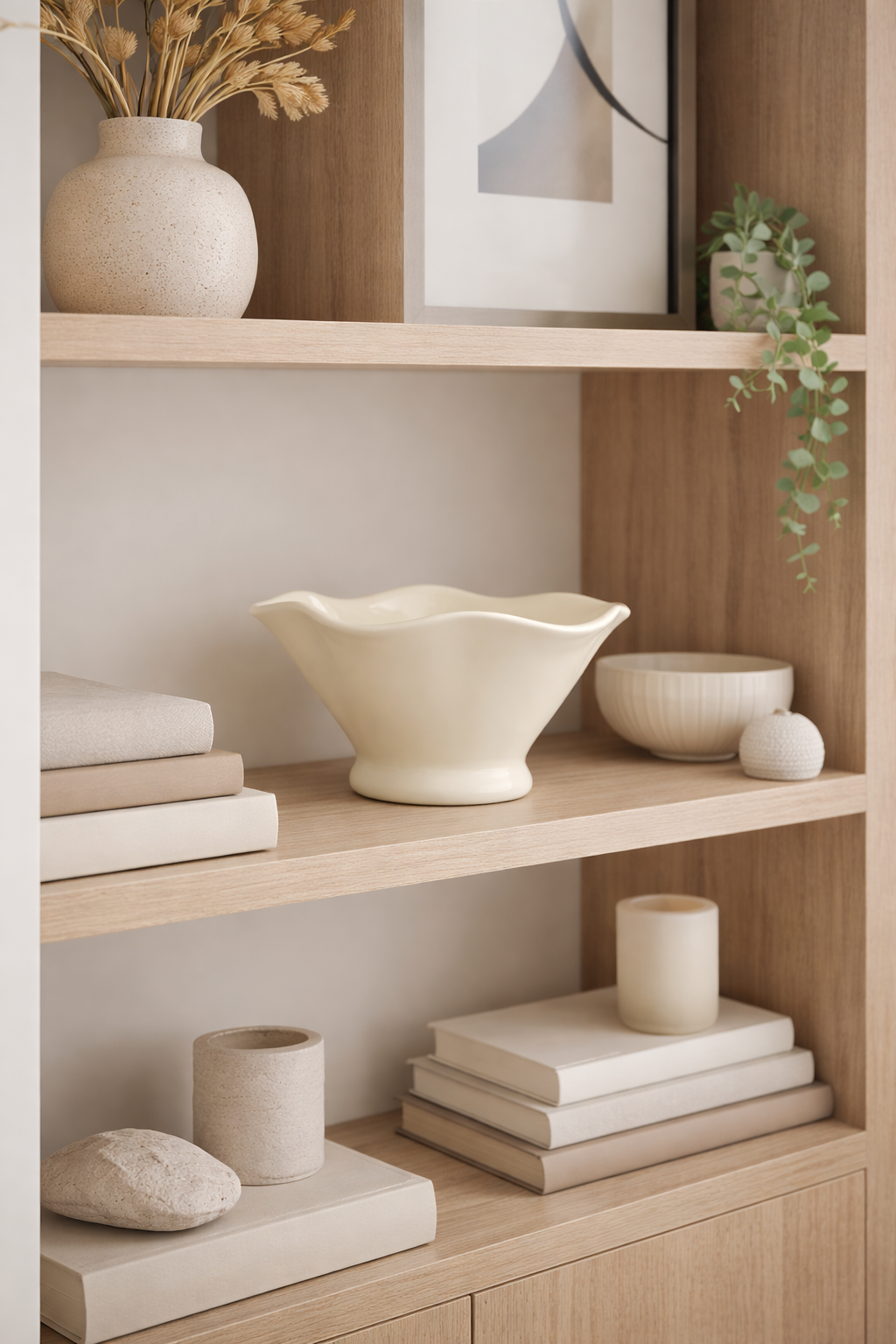 White ceramic wavy rim vase modern minimalist home decor on neutral background