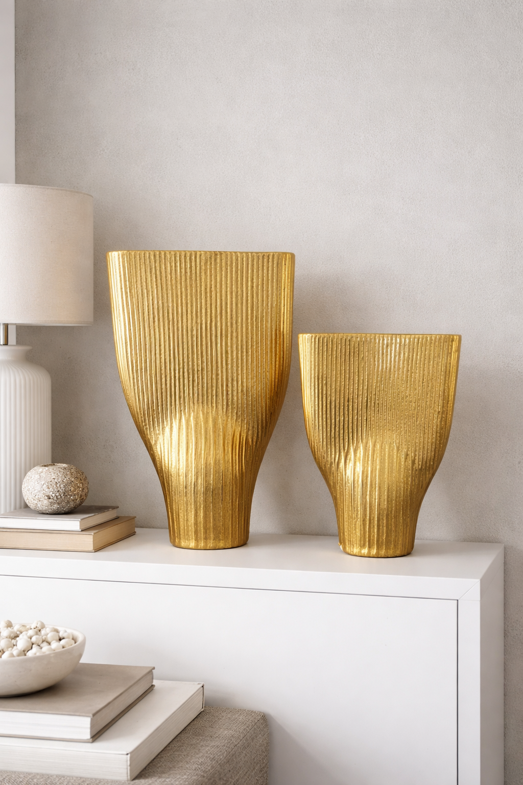 Emily collection ribbed gold metal vase tall sculptural modern luxury home decor