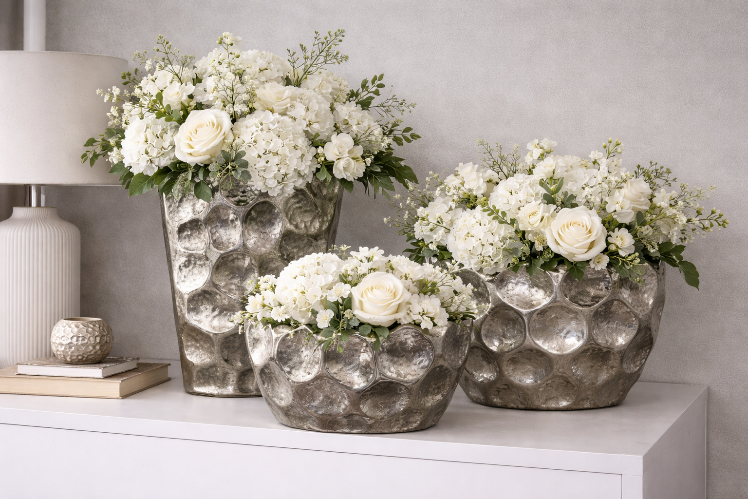 Jenna collection silver metal vases with sculptural textured design modern luxury home decor
