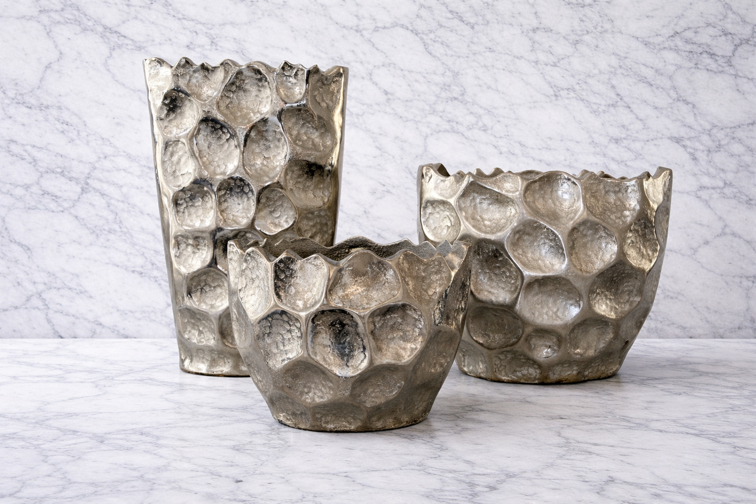 Jenna collection silver metal vases with sculptural textured design modern luxury home decor