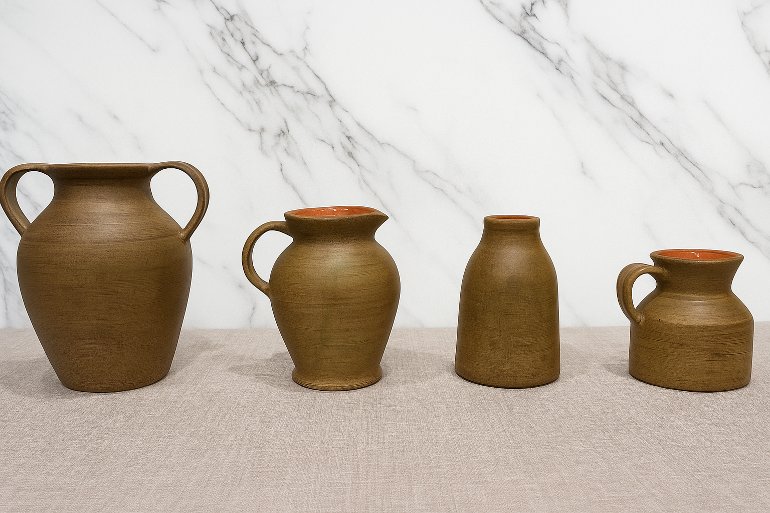 Rustic Brown ceramic pottery vases with terracotta interior farmhouse home decor on neutral table