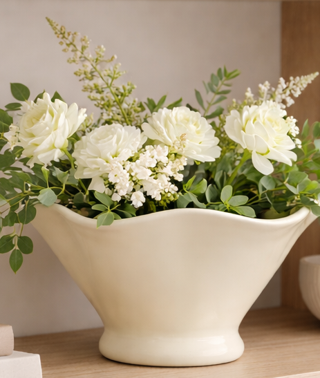 White ceramic wavy rim vase modern minimalist home decor on neutral background